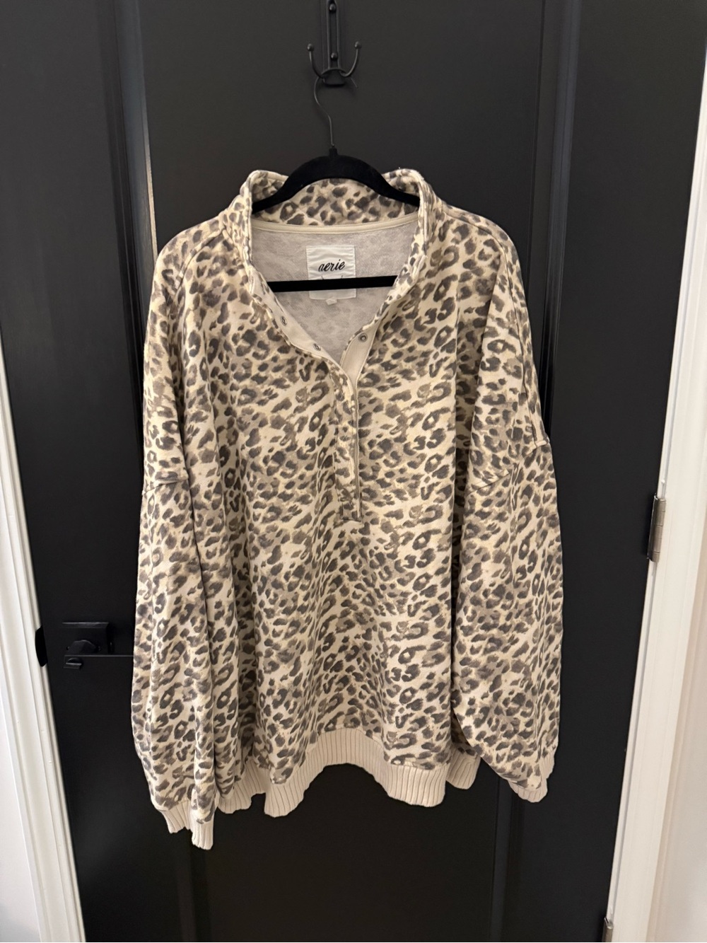 aerie Beige Leopard-Print Henley Pullover Sweater